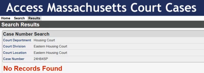Screenshot of search results page on MassCourts site. Under Case Number Search and search terms, it says in large red font "No Records Found".