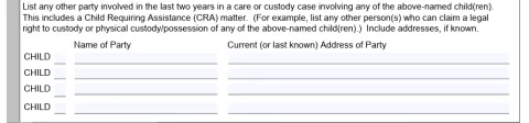 Screenshot of chart with columns for Child, Name of Party, and Current (or last known) Address of Party