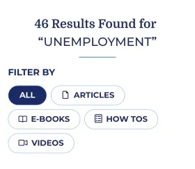 Shows results for searching for information type after looking up "unemployment", with options to select articles, e-books, how tos, and videos