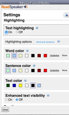 Control panel with separate categories to modify text highlighting, word color, sentence color, text color, and enhanced text visibility