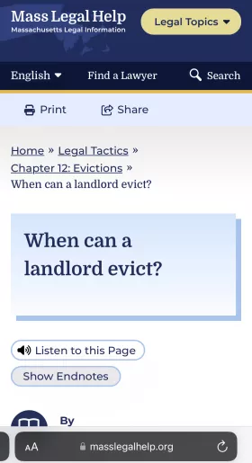 Image of title for article "When can landlord evict," with an icon for listening to the page and an icon for viewing endnotes below it.
