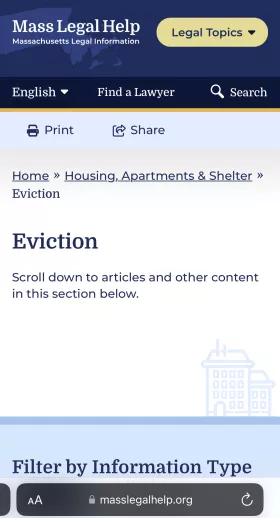 Screenshot of this website on a phone screen, on a page with the title Eviction
