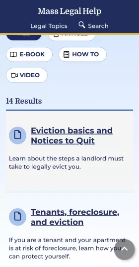 Middle of the page, with buttons E-Book, How-To, and Video at the top, 14 results, and links "Eviction basics and Notices to Quit" and "Tenants, foreclosure, and eviction" with article summaries below each.