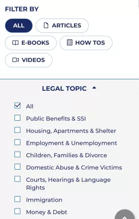 Shows options to select information types (articles, ebooks, how tos, videos) and a gray box which has a list of legal topics