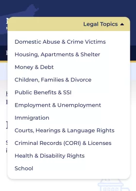 Legal Topics navigation menu with 11 lines of links, against a white background