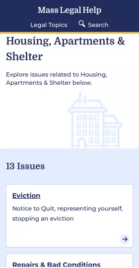 Mobile device screenshot of webpage with MassLegalHelp blue header, title reading "Housing, Apartments and Shelter, an icon of an apartment building, and a light blue section with white boxes