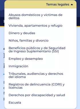 Legal Topics menu when open in Spanish.