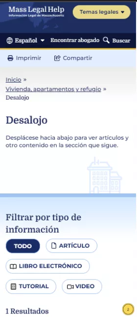 Middle of the page, showing information type filters and a list of articles in Spanish.